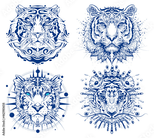 Set tiger abstract face head print. 2022 year symbol chinese calendar water tiger