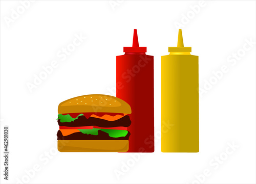 Fast food icon with burger, tomato sauce and mayonnaise