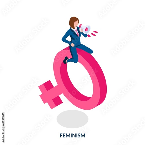 Concept of feminism. Strong and independent woman sitting on a gender symbol with loudspeaker in her hands. Feminist propaganda. Isometric vector illustration on white background