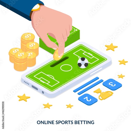 Online sports betting concept. Human hand puts dollar coin in smartphone. Football field with ball and betting score. cash and coins. Isometric vector illustration on white background.