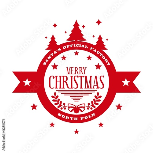 Merry Christmas - round stamp template for handmade gifts and letters. Santa's official factory - north pole. Xmas decorative design element with stars tied bow, christmas trees. Vector illustration.