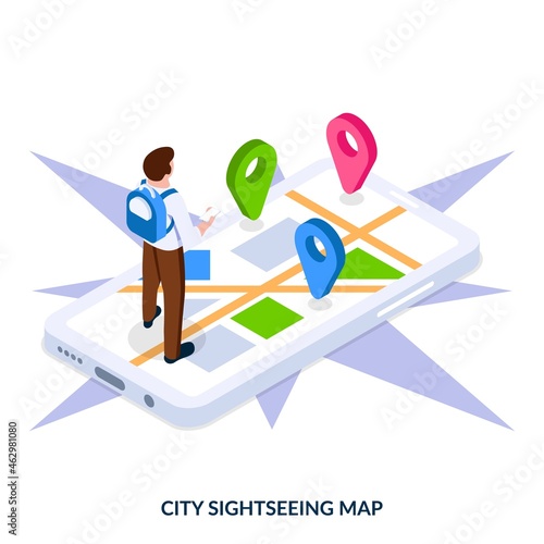City sightseeing map. Concept. Digital city map with points of interest and man with smartphone. Useful app for travellers. Isometric vector illustration on white background.