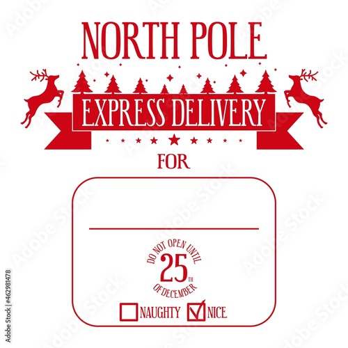 North pole express delivery. Xmas design for a personalized gift bag from Santa Claus. Do not open until 25th of december. Template for christmas handmade gifts. Vector illustration.