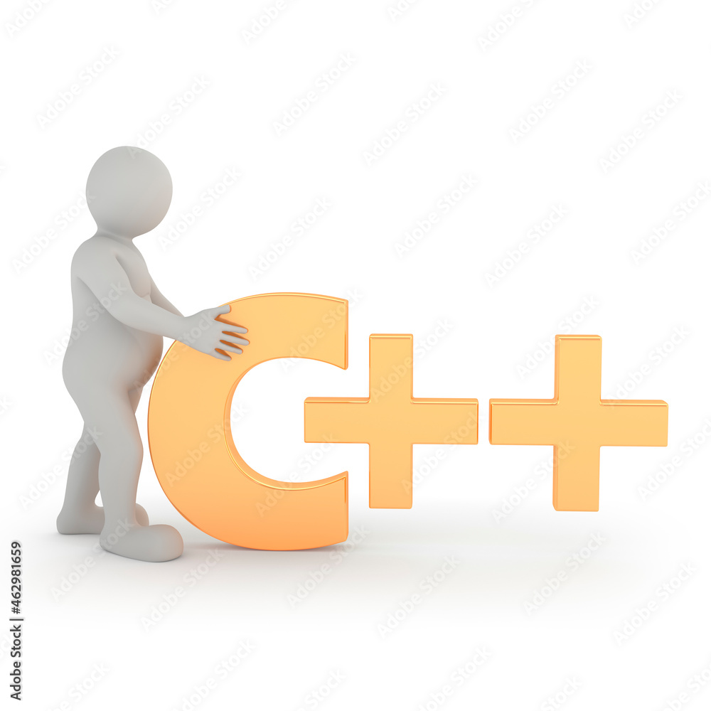 Cartoon character with golden C++ logo on a white background ...