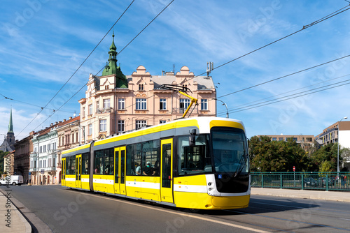Tram runs through the Pilsen city centre, Czech republic