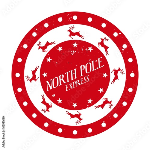 North pole express mail - round  stamp template for gifts and letters. Christmas decorative design element with cute reindeers, stars and texture that can be easily removed.
