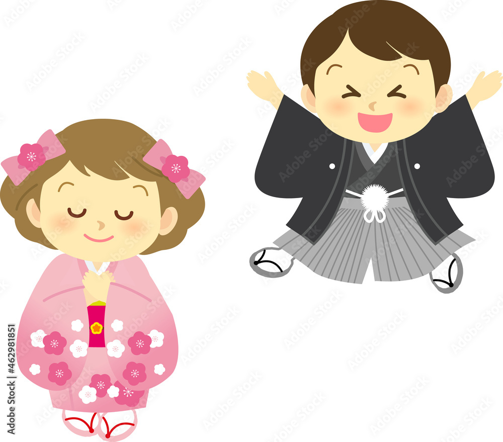 イラスト素材: 着物姿のかわいい人物　主線なし　和装で手足に動きのある男女カップル　セット
