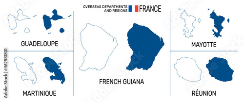 Map of overseas departments and regions of France. High detailed vector outline and blue silhouette. France flag. English labeling. All isolated on white background. Vector illustration