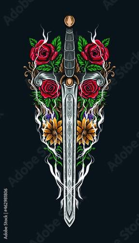 hand drawn sword with roses