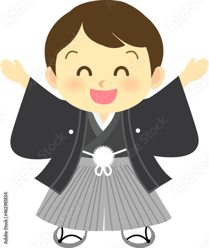 イラスト素材: 着物姿のかわいい人物　主線なし　和装で両手をあげて万歳ポーズをする紋付き袴姿の男の子
