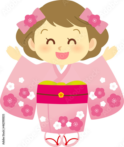 イラスト素材: 着物姿のかわいい人物　主線なし　和装で両手をあげて万歳ポーズをする振袖姿の女の子
