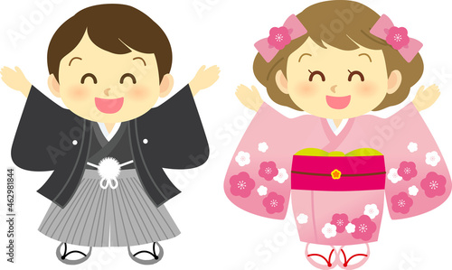 イラスト素材: 着物姿のかわいい人物　主線なし　和装で両手をあげて万歳ポーズをする男女カップル
