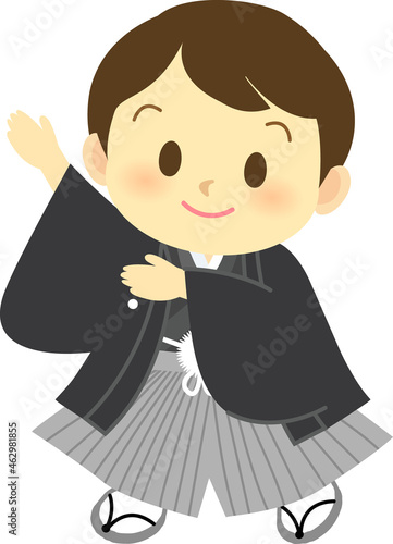 イラスト素材: 着物姿のかわいい人物　主線なし　和装で注目ポーズをする紋付き袴姿の男の子
