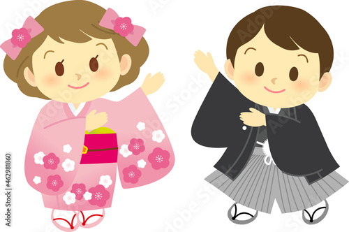 イラスト素材: 着物姿のかわいい人物　主線なし　和装で注目ポーズをする男女カップル

