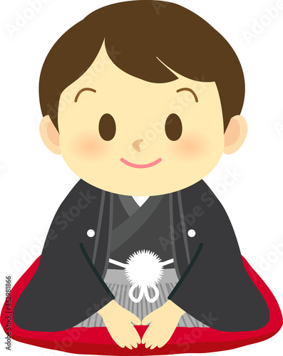 イラスト素材: 着物を着たかわいい人物　主線なし　ニッコリ笑顔の紋付き袴姿の男の子
