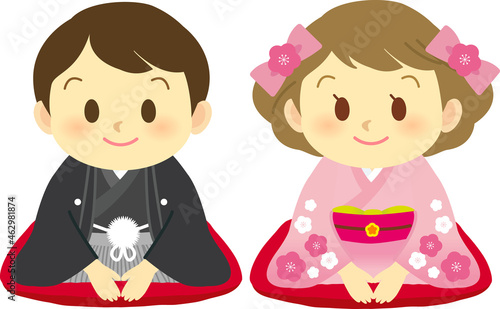 イラスト素材: 着物のかわいい人物シリーズ　主線なし　和装で正座し笑顔でご挨拶をする男女カップル2
