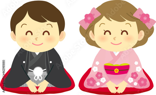 イラスト素材: 着物姿のかわいい人物　主線なし　和装で正座し笑顔でご挨拶をする男女カップル1
