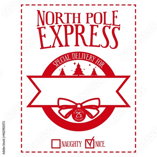Christmas design for a personalized gift bag from Santa Claus. North pole express. Do not open until 25th of december. Naughty or nice checkboxes. Template for xmas handmade gifts. Vector illustration