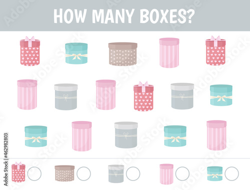 A children's game for kindergarten. The study of mathematics. Count how many boxes are in the picture. Vector illustration.