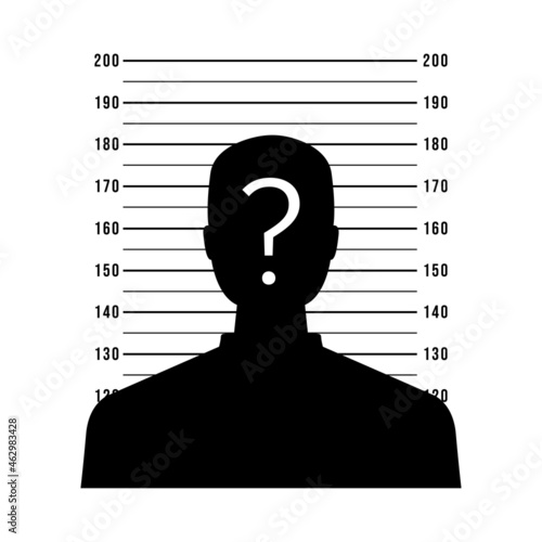 Silhouette of anonymous man with question mark in mugshot or police lineup background. vector