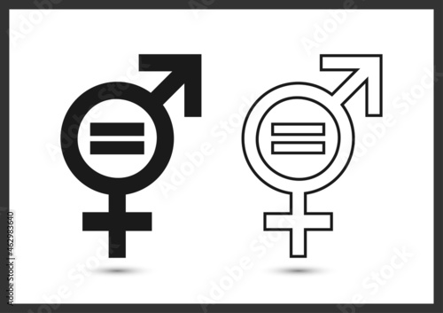 Gender equality icon. Equity parity men and women logo. Collection of black, outline icons isolated on white background. Rights gender equality symbol. Discrimination. Flat design.Vector illustration.