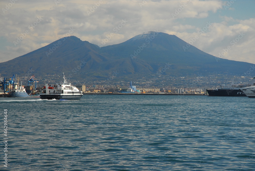 Napoli (naples) sights and mount vesuvius with statues in italy
