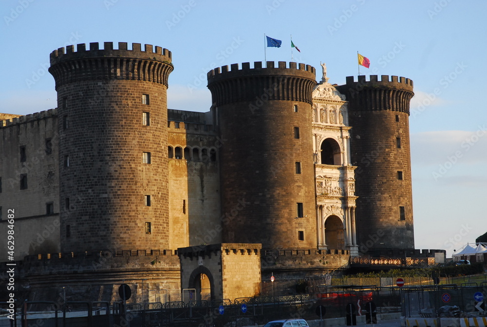 Napoli (naples) sights and mount vesuvius with statues in italy