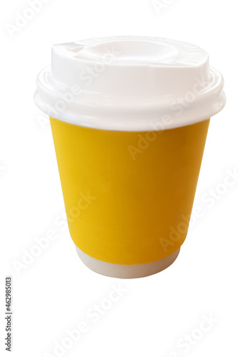 Yellow paper cup wish copies space for hot or warm beverage