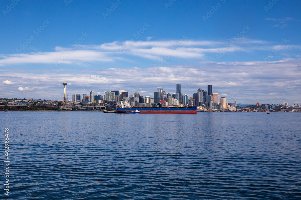 Seattle skyline during summer. View from Elliott Bay. Space Needle. Washington state.