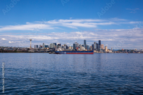 Seattle skyline during summer. View from Elliott Bay. Space Needle. Washington state.
