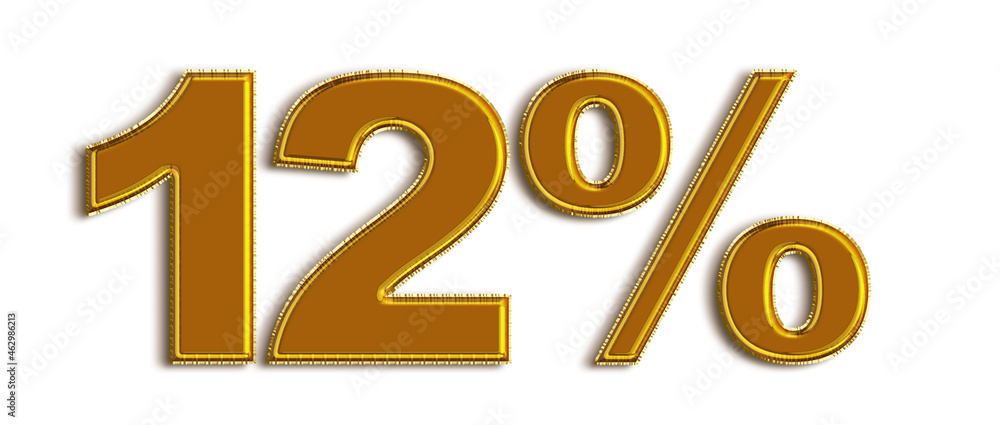 Gold 12 Percent off 3d Sign on White Background