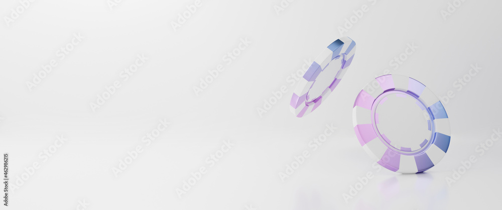 3D rendering of pastel purple casino chips falling on white background.
