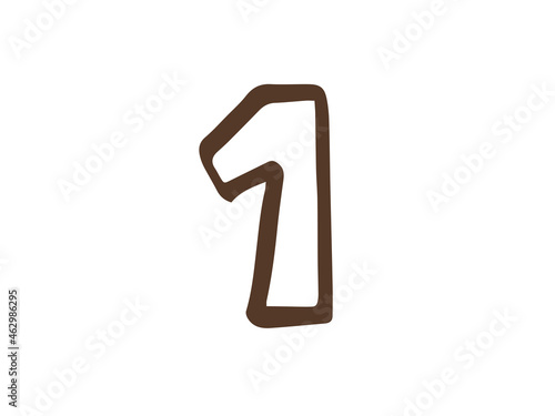 かわいい数字の1番の袋文字（ブラウン色）／手書きイラスト