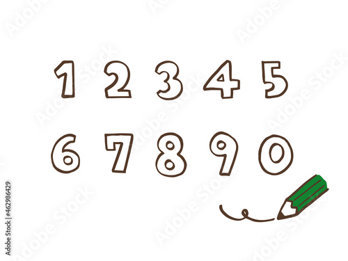 かわいい数字の1から0番の袋文字セットと鉛筆（ブラウン色）／手書きイラスト