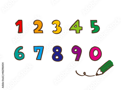 かわいい数字の1から0番の袋文字セットと鉛筆／手書きイラスト