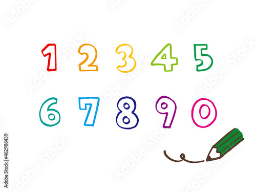 かわいい数字の1から0番の袋文字セットと鉛筆／手書きイラスト