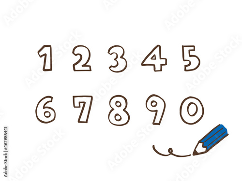 かわいい数字の1から0番の袋文字セットと鉛筆／手書きイラスト