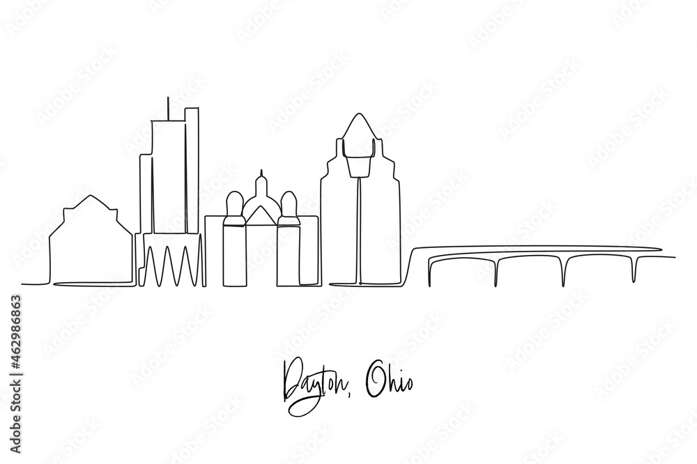 Continuous line drawing of Dayton city skyline, Ohio. Beautiful landmark. World landscape tourism travel home wall decor poster print. Stylish single line draw design vector graphic illustration