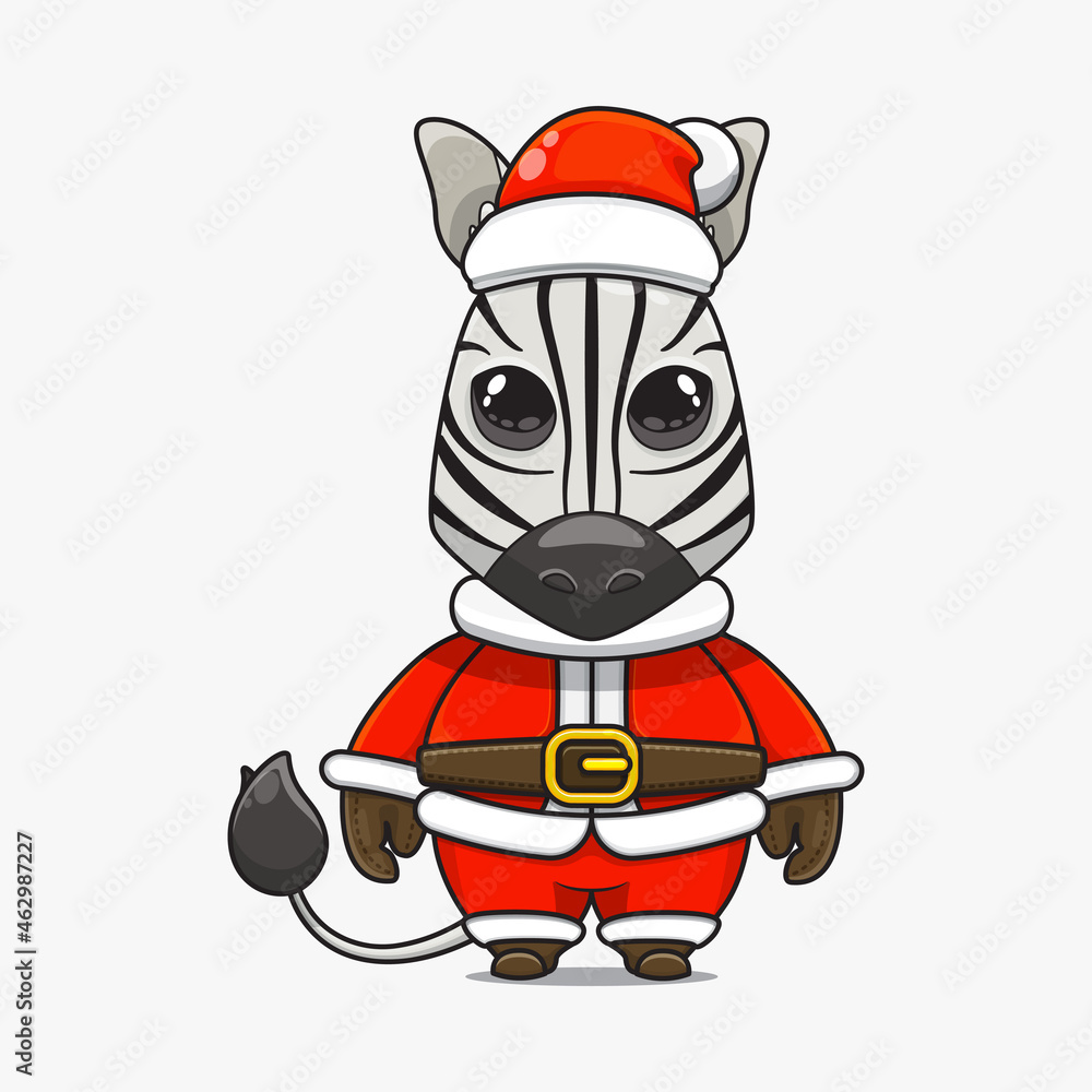 illustration of cute animal monster, wearing santa costume. cute zebra cartoon
