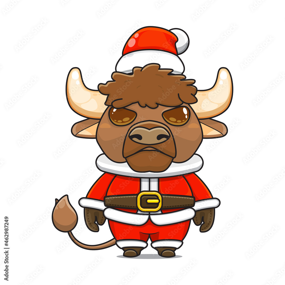 illustration of cute animal monster, wearing santa costume. vector cartoon bison cute