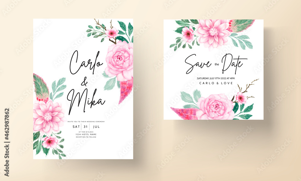 elegant wedding invitation card with soft pink watercolor floral ornament