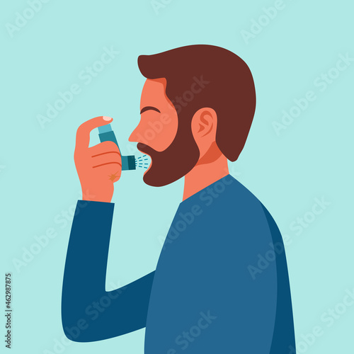 Man using asthma inhaler against allergic attack in flat design.