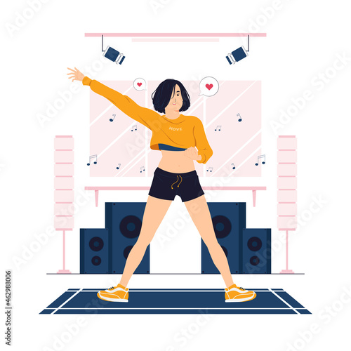 Woman doing zumba dance, exercise, workout, and fitness concept illustration