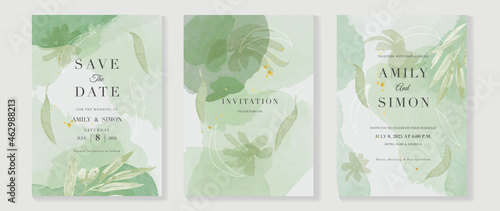 Luxury wedding invitation card background  with golden line art flower and botanical leaves, Organic shapes, Watercolor. Abstract art background vector design for wedding and vip cover template.