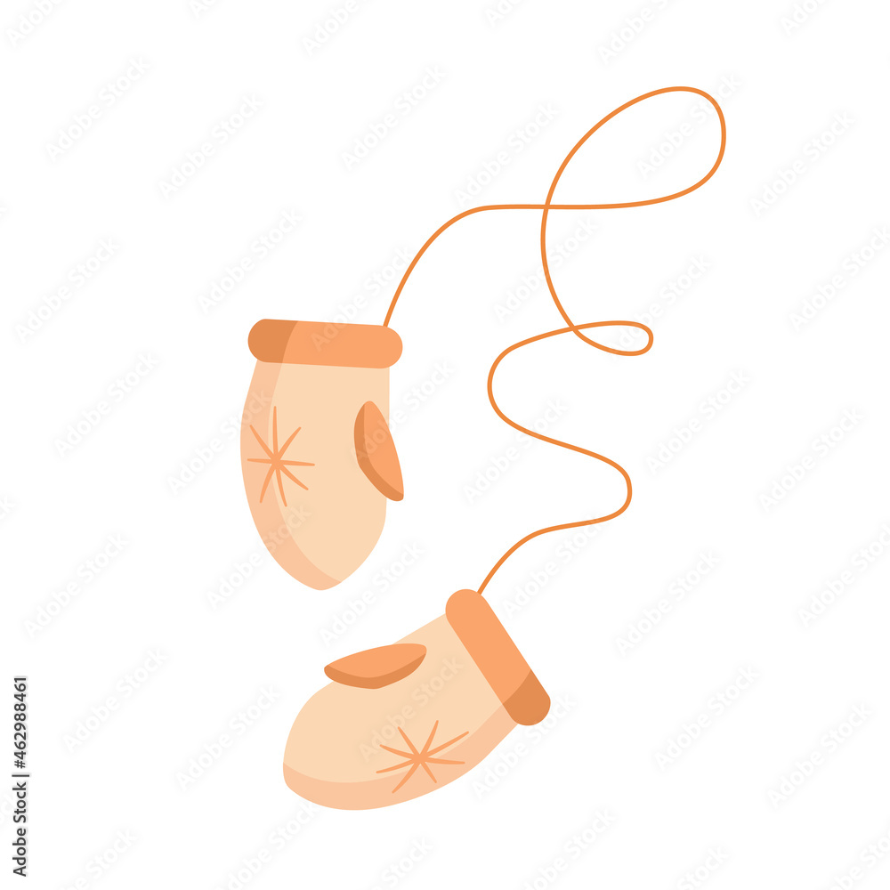 Obraz premium Mittens with a soft beige snowflake connected with a rope. Cozy vector illustration for creating holiday cards, invitations, website design, banners, and different typography 