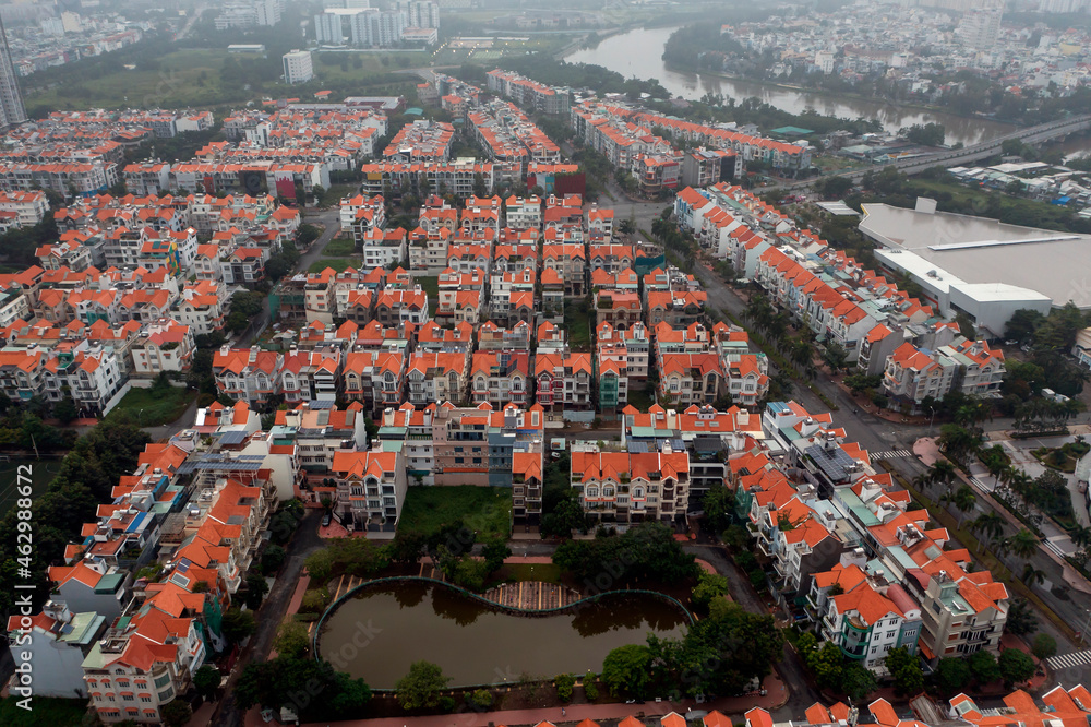 Residential Villa development near river from aerial view
