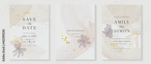 Luxury wedding invitation card background  with golden line art flower and botanical leaves, Organic shapes, Watercolor. Abstract art background vector design for wedding and vip cover template.