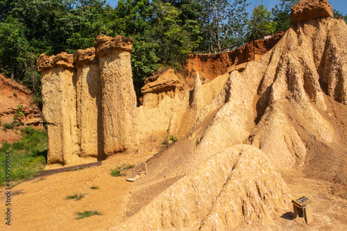 Within a national park named Phae Mueang Phi caused by the terrain which is the soil and sandstone was naturally eroded into various shapes that are In Phrae Province of Thailand.