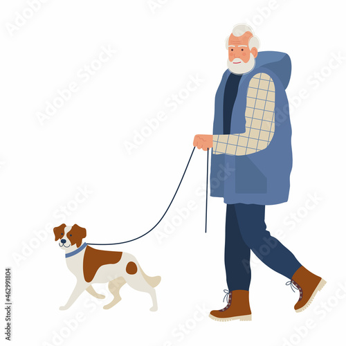 elderly man walks with a dog