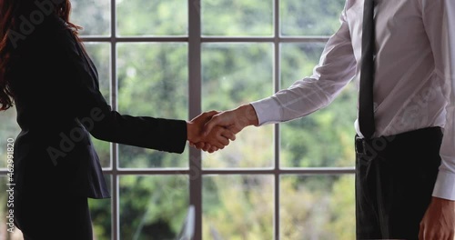 Businessman and businesswoman standing and shaking hands in office after finished business discussion with blur green nature background. photo